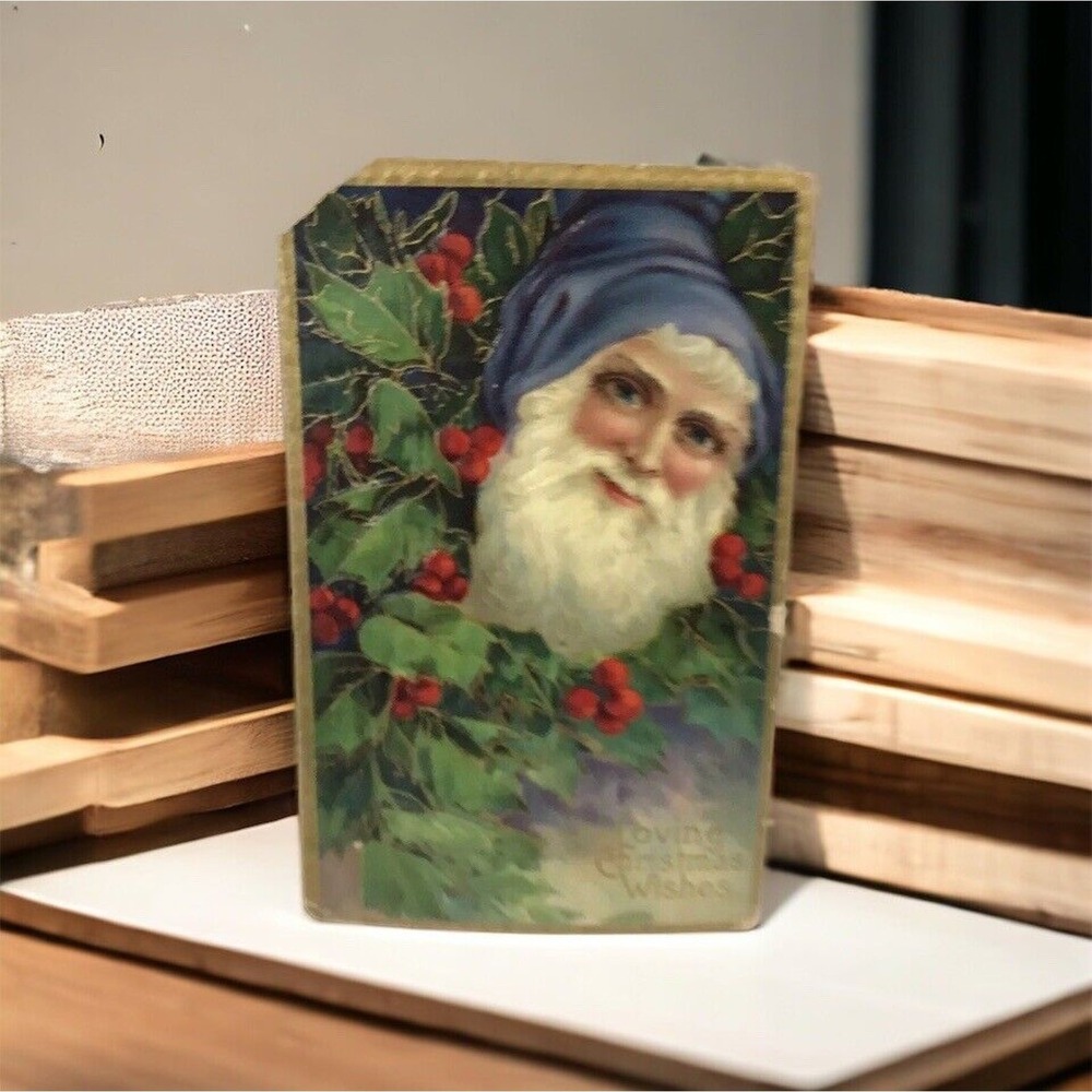Antique 1909 Christmas Postcard Blue Santa Holly Germany Embossed Serie 1480